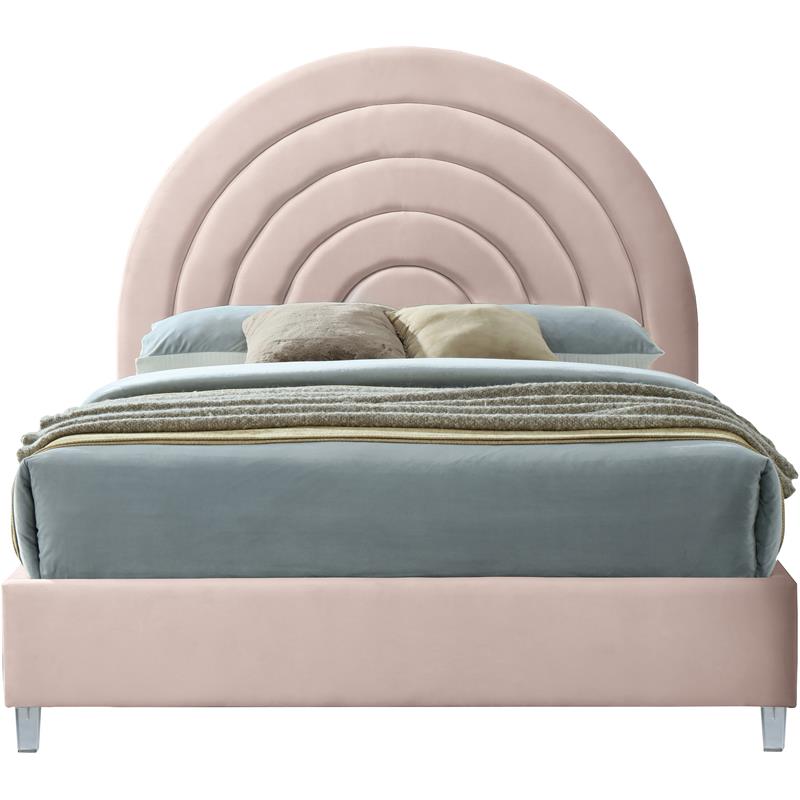Pemberly Row Contemporary Pink Velvet Queen Bed in Acrylic Finish