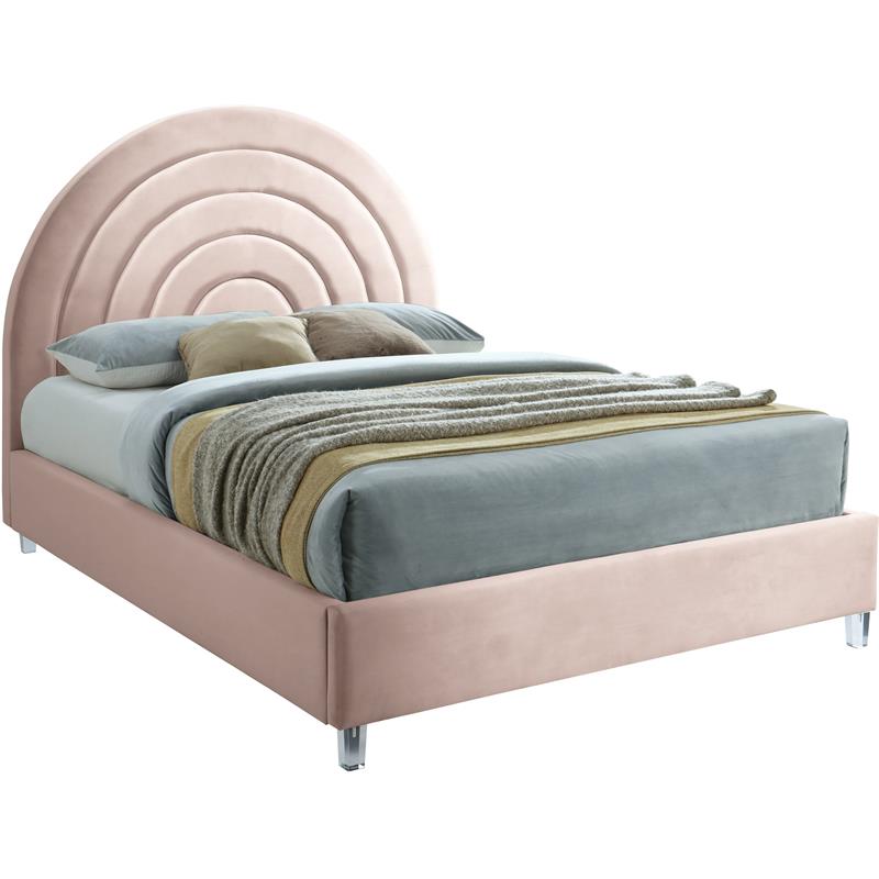 Pemberly Row Contemporary Pink Velvet Queen Bed in Acrylic Finish