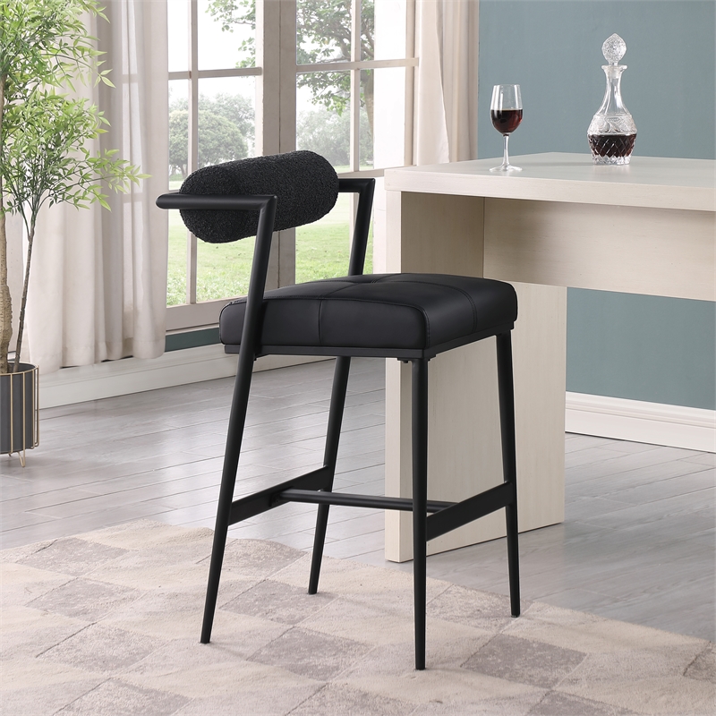 Pemberly Row Black Boucle Fabric / Vegan Leather Stool (Set of 2)