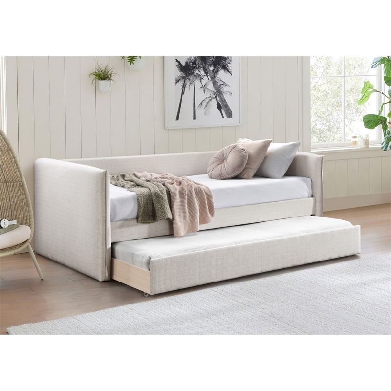 Pemberly Row Contemporary Cream Linen Textured Fabric Twin Daybed