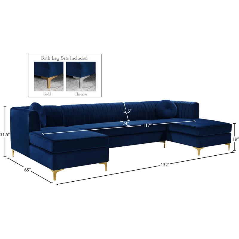 Pemberly Row Contemporary Upholstered 3pc Velvet Sectional in Navy