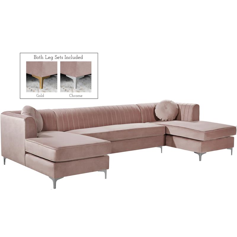 Pemberly Row Contemporary Upholstered 3pc Velvet Sectional in Pink
