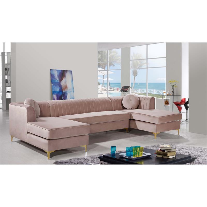 Pemberly Row Contemporary Upholstered 3pc Velvet Sectional in Pink
