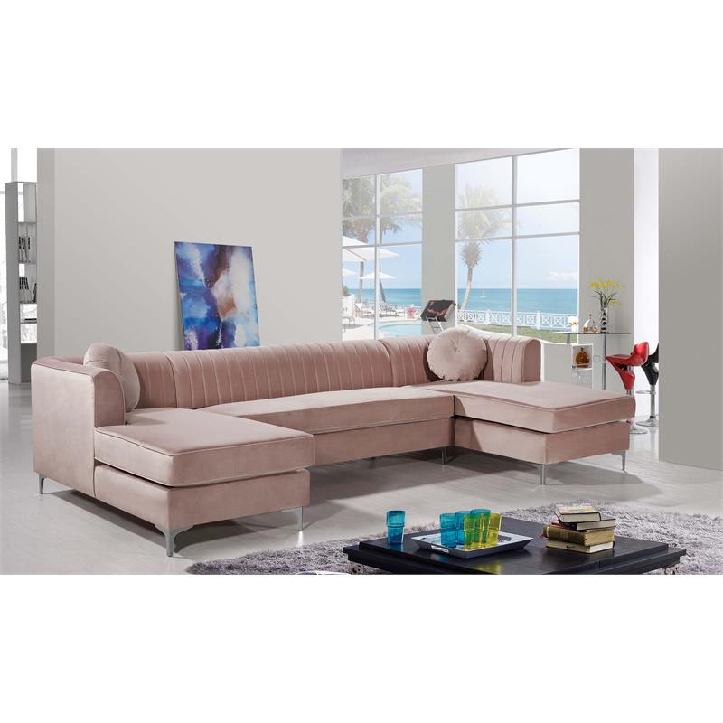 Pemberly Row Contemporary Upholstered 3pc Velvet Sectional in Pink