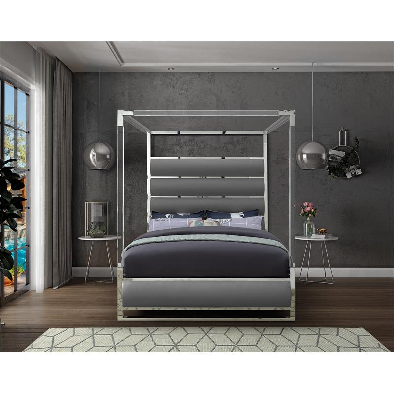 Pemberly Row Modern Solid Wood and Vegan Leather Queen Bed in Gray