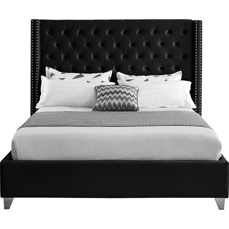 Pemberly Row Solid Wood Tufted Velvet Wing Back Queen Bed in Black