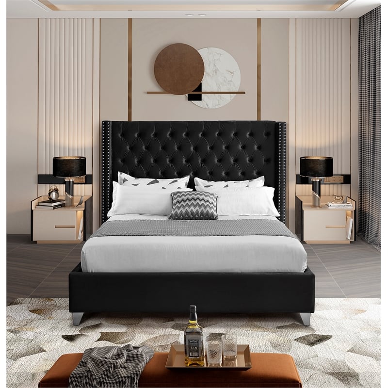 Pemberly Row Solid Wood Tufted Velvet Wing Back Queen Bed in Black