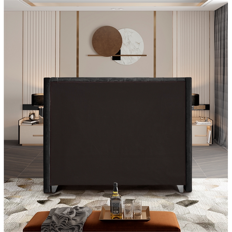 Pemberly Row Solid Wood Tufted Velvet Wing Back Queen Bed in Black