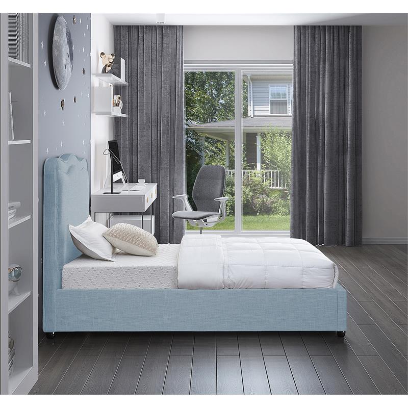 Pemberly Row Mid-Century Light Blue Linen Textured Fabric Twin Bed