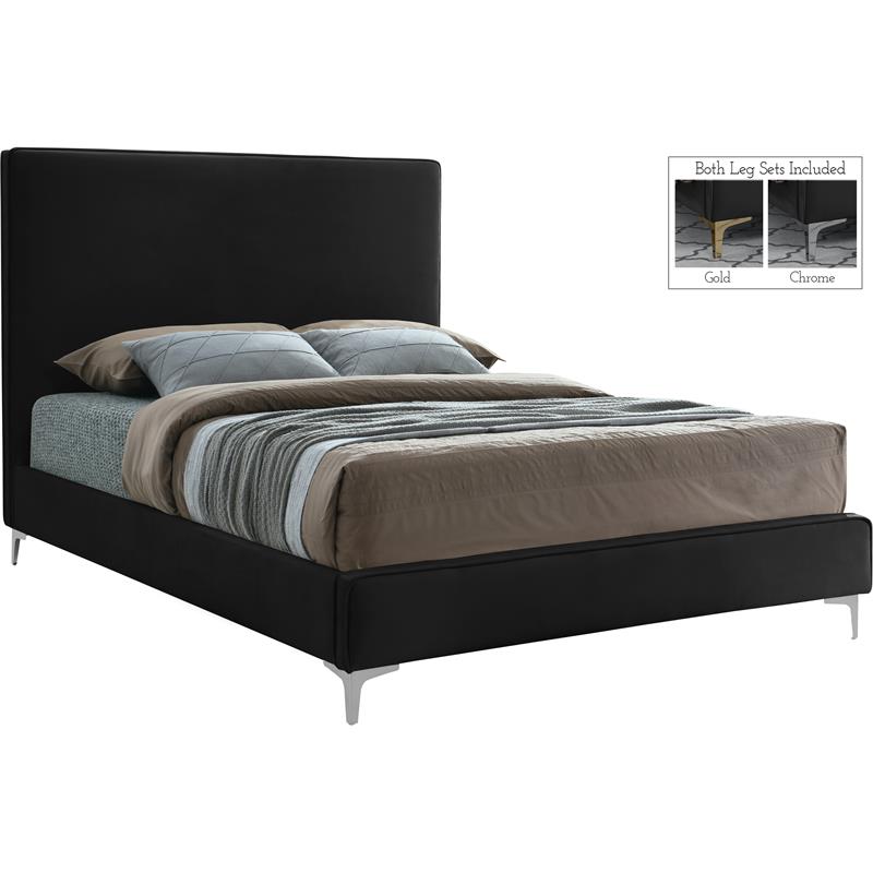 Pemberly Row Black Velvet Queen Bed with Gold & Chrome Legs Included