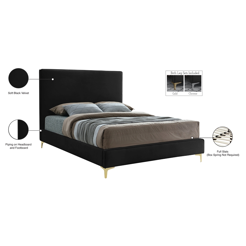 Pemberly Row Black Velvet Queen Bed with Gold & Chrome Legs Included