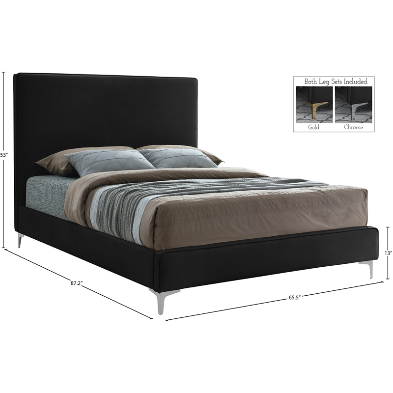 Pemberly Row Black Velvet Queen Bed with Gold & Chrome Legs Included