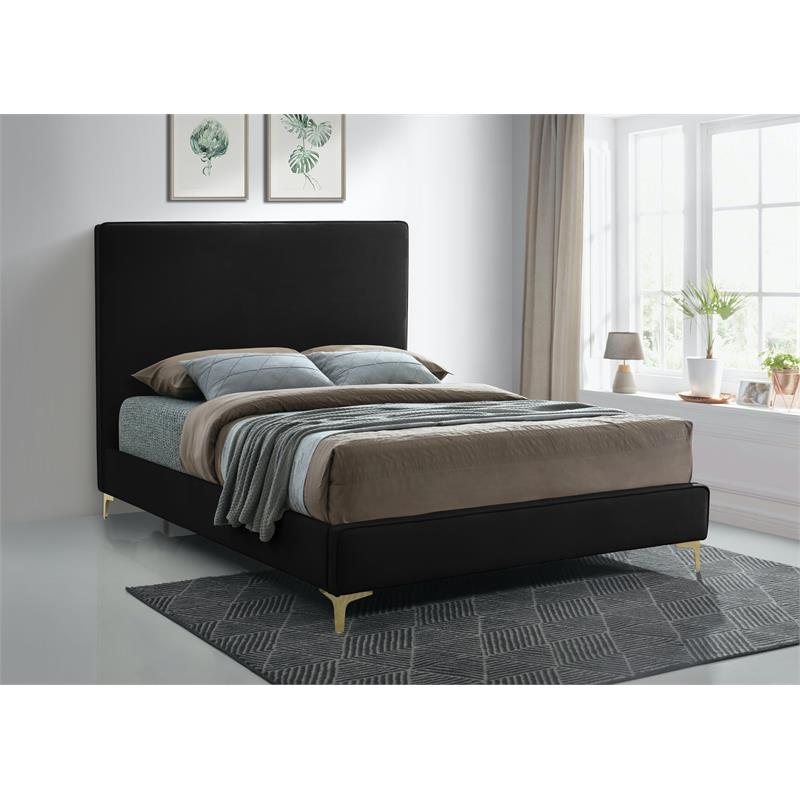 Pemberly Row Black Velvet Queen Bed with Gold & Chrome Legs Included