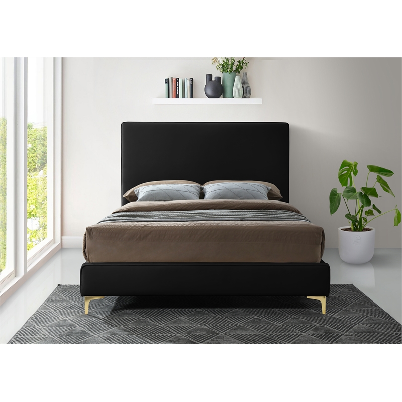 Pemberly Row Black Velvet Queen Bed with Gold & Chrome Legs Included
