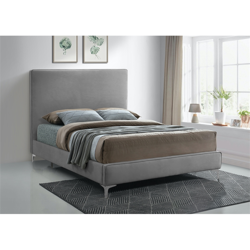 Pemberly Row Gray Velvet Full Bed with Gold and Chrome Legs Included
