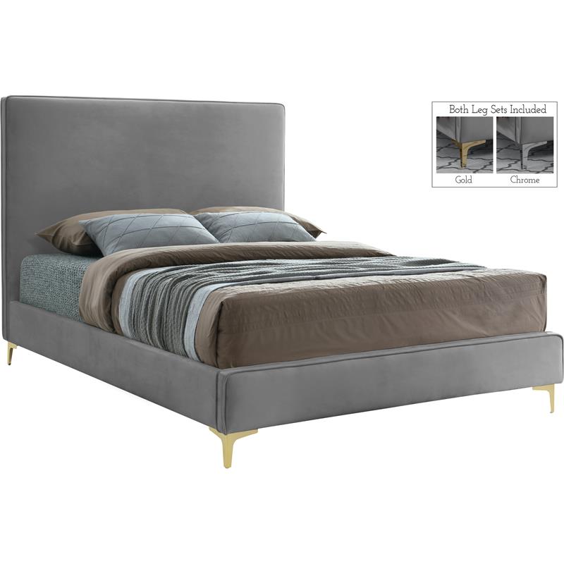 Pemberly Row Gray Velvet Full Bed with Gold and Chrome Legs Included
