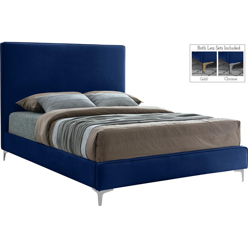 Pemberly Row Navy Velvet Full Bed with Gold and Chrome Legs Included