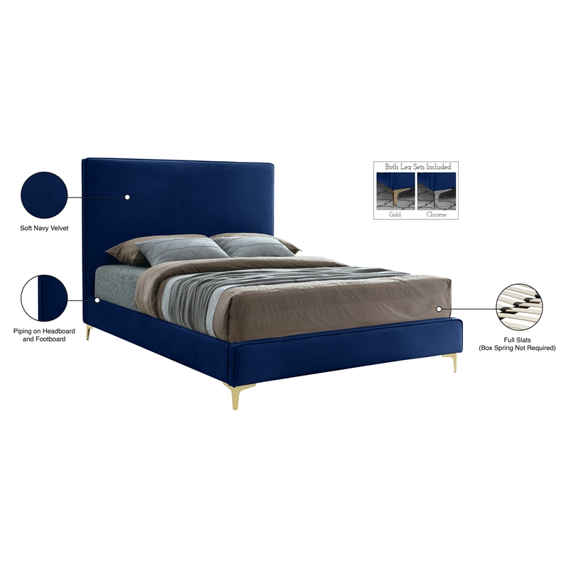 Pemberly Row Navy Velvet Full Bed with Gold and Chrome Legs Included