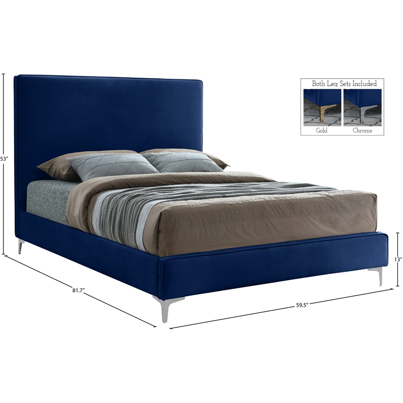 Pemberly Row Navy Velvet Full Bed with Gold and Chrome Legs Included
