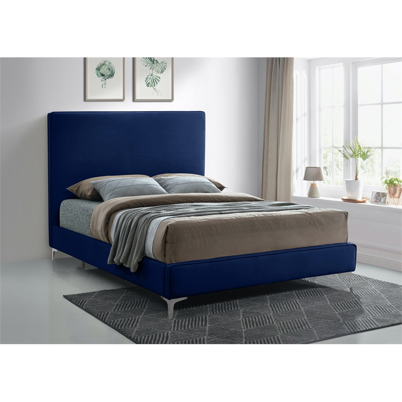 Pemberly Row Navy Velvet Full Bed with Gold and Chrome Legs Included