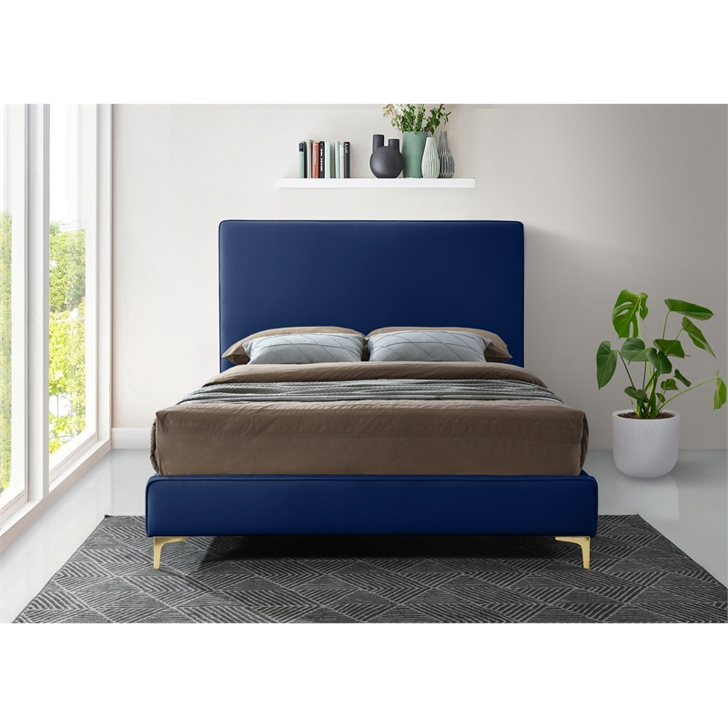 Pemberly Row Navy Velvet Full Bed with Gold and Chrome Legs Included