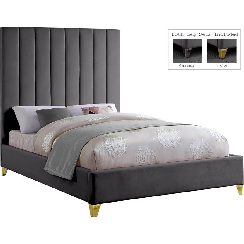 Pemberly Row Contemporary Channel Tufted Rich Velvet Full Bed in Gray