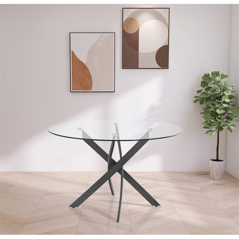 Pemberly Row Contemporary Matte Black Tempered Glass Top Dining Table