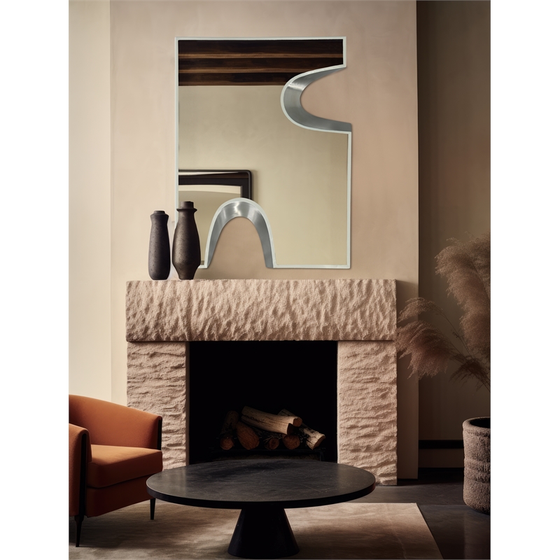 Pemberly Row Contemporary Cream Mirror with Silver Iron Metal Accents