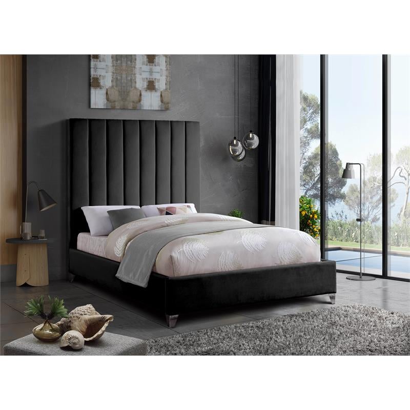 Pemberly Row Contemporary Channel Tufted Rich Velvet King Bed in Black