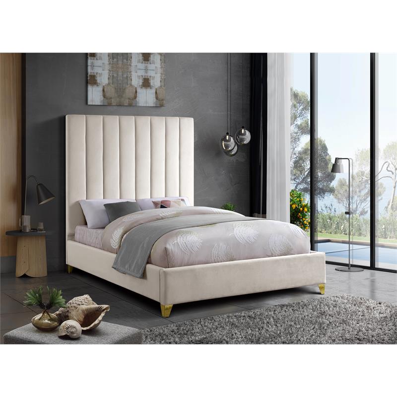 Pemberly Row Contemporary Channel Tufted Rich Velvet King Bed in Cream