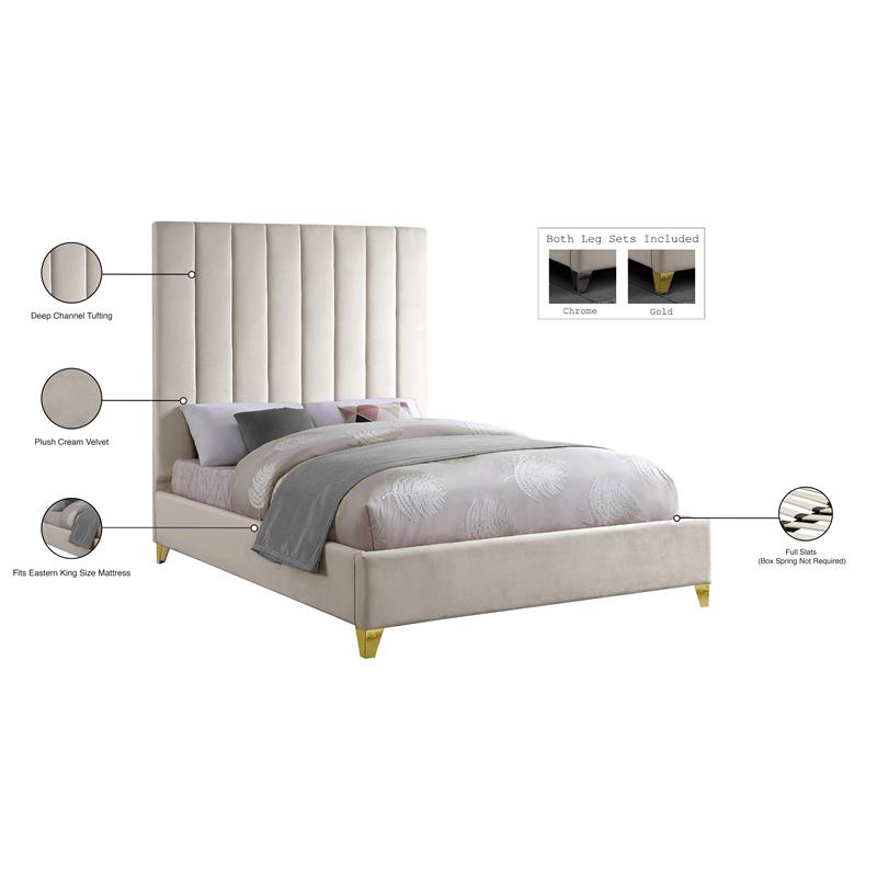 Pemberly Row Contemporary Channel Tufted Rich Velvet King Bed in Cream