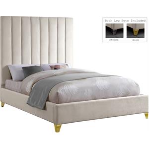 Pemberly Row Contemporary Channel Tufted Rich Velvet King Bed in Cream