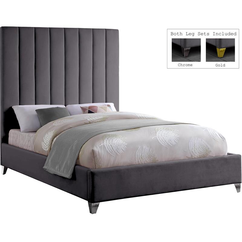 Pemberly Row Contemporary Channel Tufted Rich Velvet Queen Bed in Gray