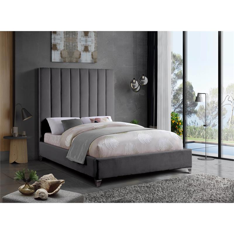 Pemberly Row Contemporary Channel Tufted Rich Velvet Queen Bed in Gray