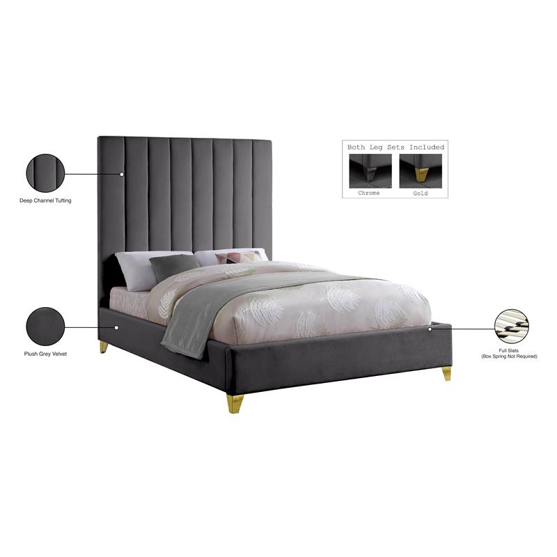 Pemberly Row Contemporary Channel Tufted Rich Velvet Queen Bed in Gray