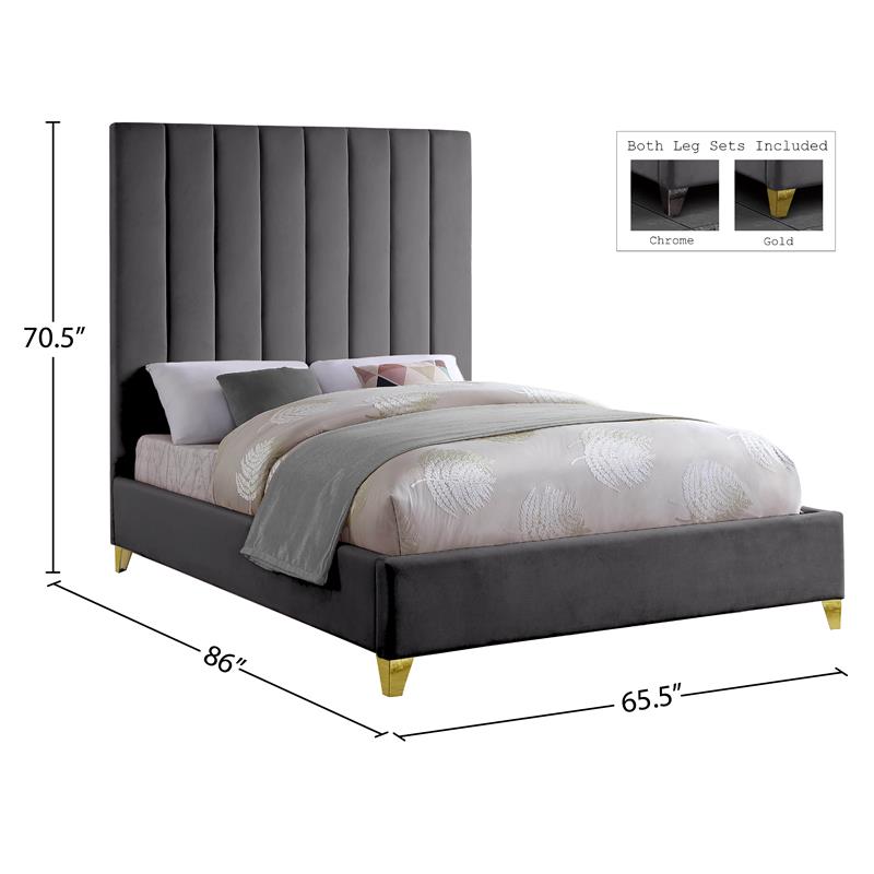 Pemberly Row Contemporary Channel Tufted Rich Velvet Queen Bed in Gray