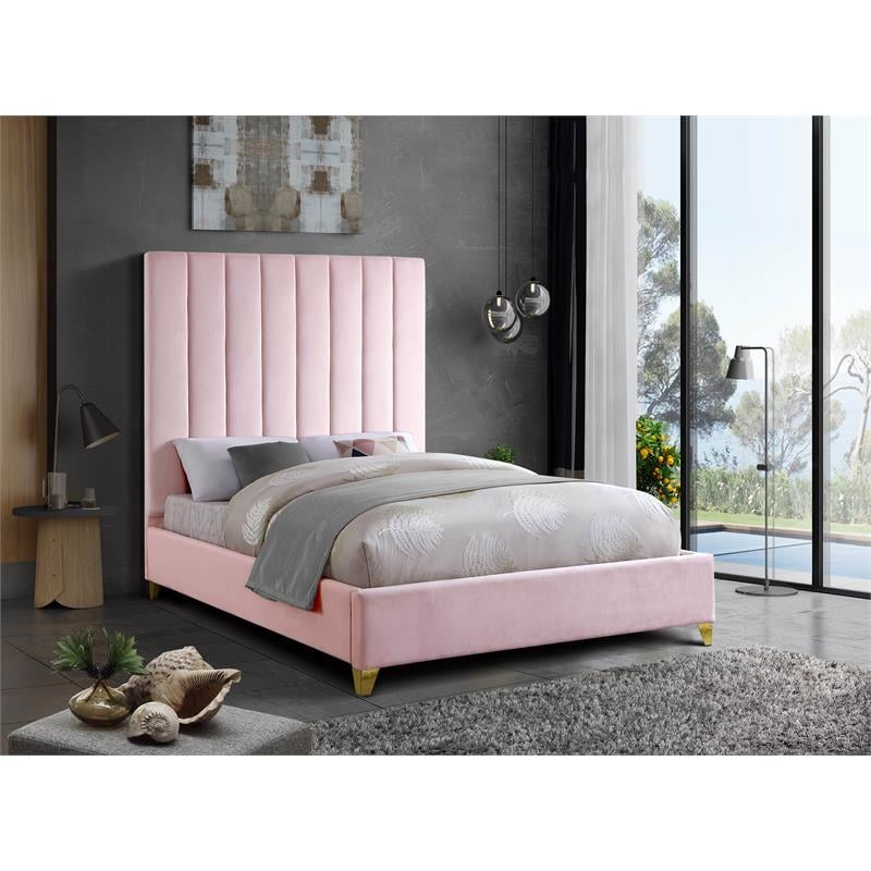 Pemberly Row Contemporary Channel Tufted Rich Velvet Queen Bed in Pink