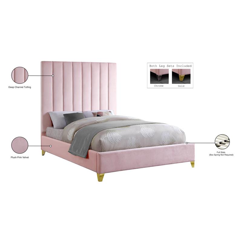 Pemberly Row Contemporary Channel Tufted Rich Velvet Queen Bed in Pink