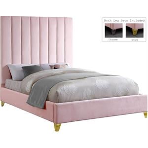 Pemberly Row Contemporary Channel Tufted Rich Velvet Queen Bed in Pink
