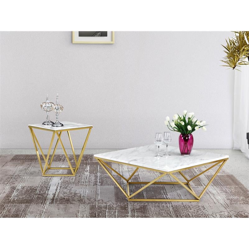 Pemberly Row Genuine Marble End Table in Gold with Stainless Steel Base