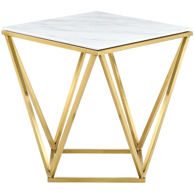 Pemberly Row Genuine Marble End Table in Gold with Stainless Steel Base