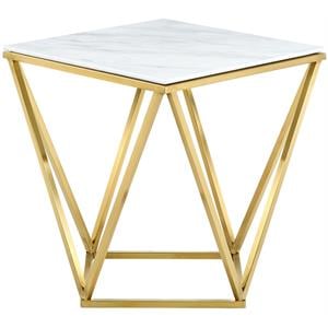 Pemberly Row Genuine Marble End Table in Gold with Stainless Steel Base