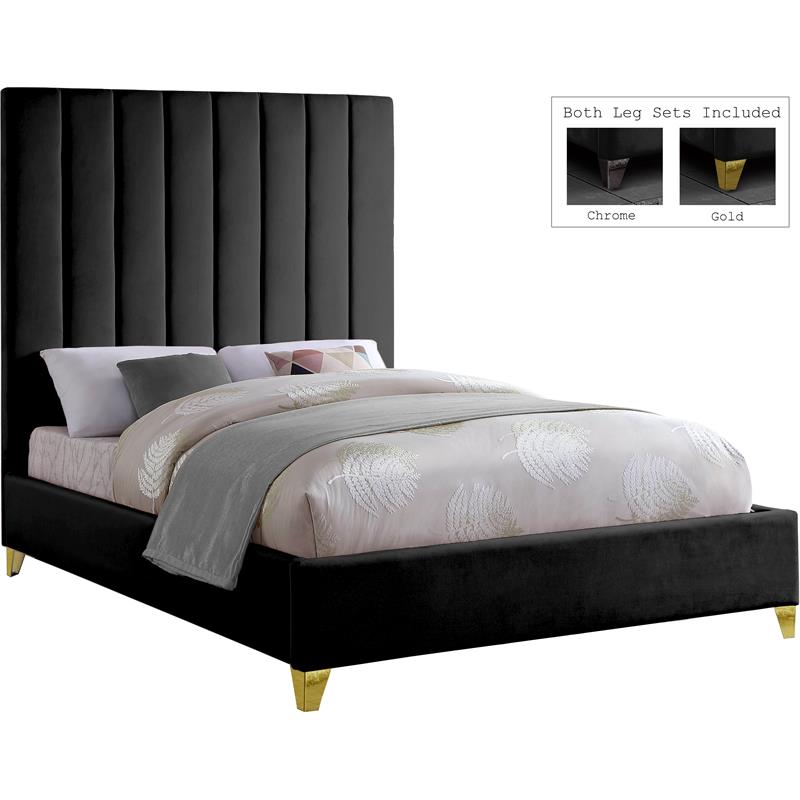 Pemberly Row Contemporary Channel Tufted Rich Velvet Queen Bed in Black