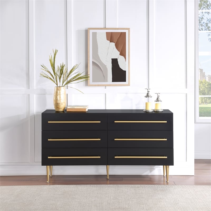 Pemberly Row Contemporary Black Dresser with Gold Metal Legs and Handle