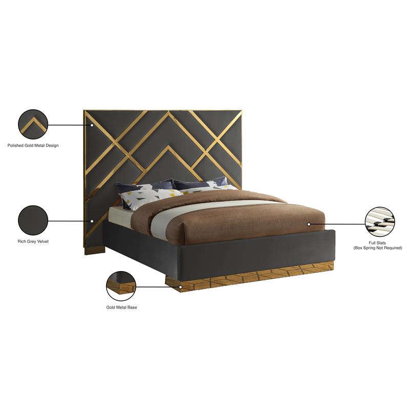 Pemberly Row Rich Velvet King Bed in Gray with Gold Metal Design and Base