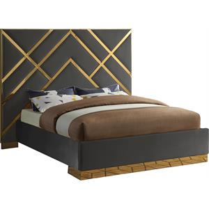 Pemberly Row Rich Velvet King Bed in Gray with Gold Metal Design and Base