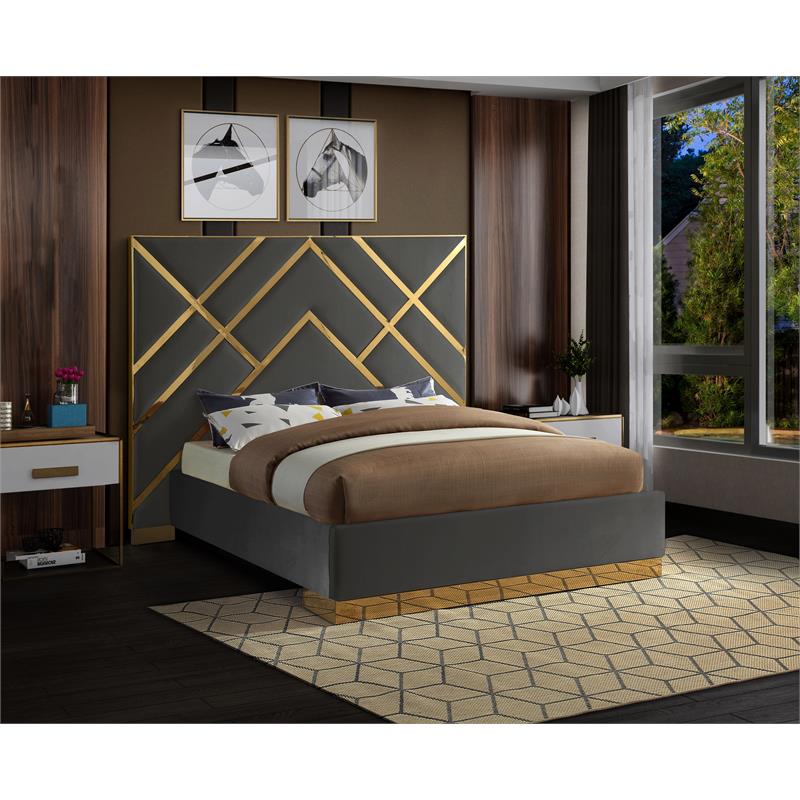 Pemberly Row Rich Velvet Queen Bed in Gray with Gold Metal Design and Base