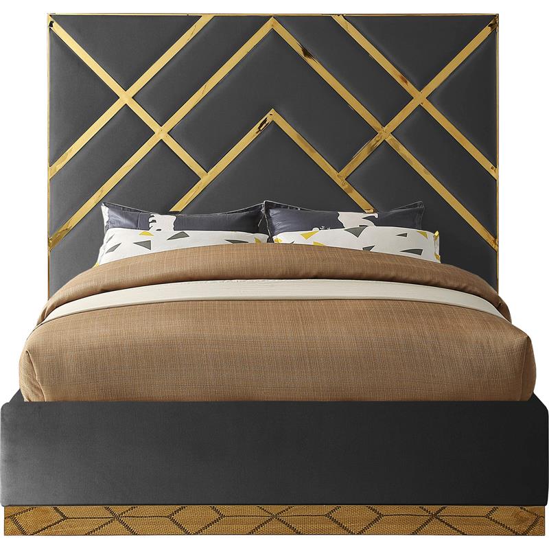 Pemberly Row Rich Velvet Queen Bed in Gray with Gold Metal Design and Base