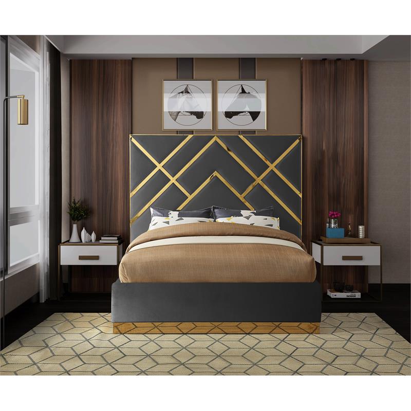 Pemberly Row Rich Velvet Queen Bed in Gray with Gold Metal Design and Base