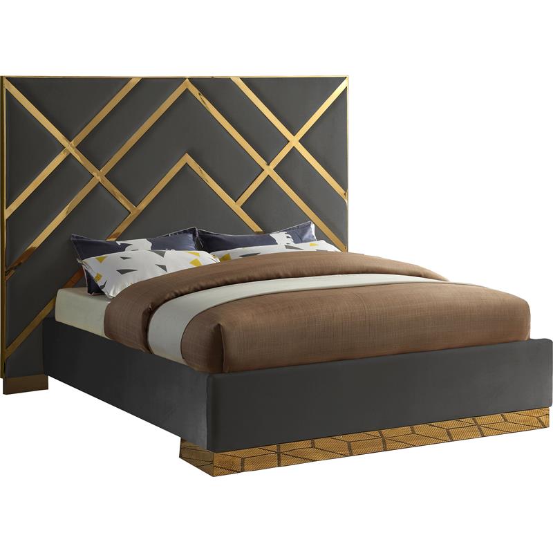 Pemberly Row Rich Velvet Queen Bed in Gray with Gold Metal Design and Base